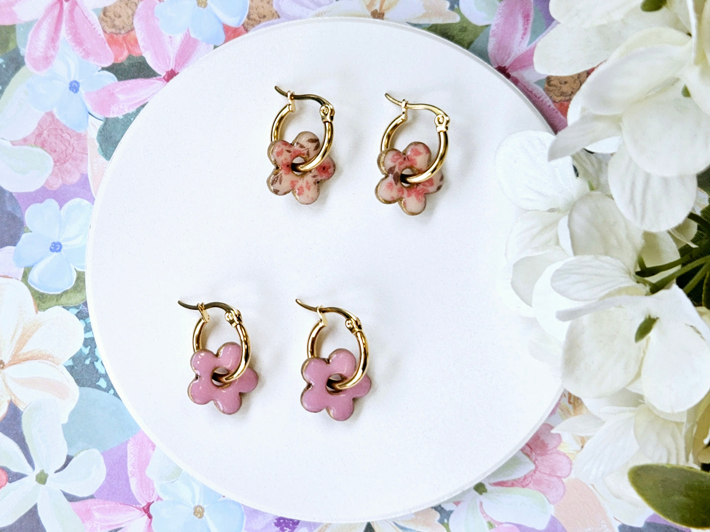 Gold Hoop Flower Print Earrings