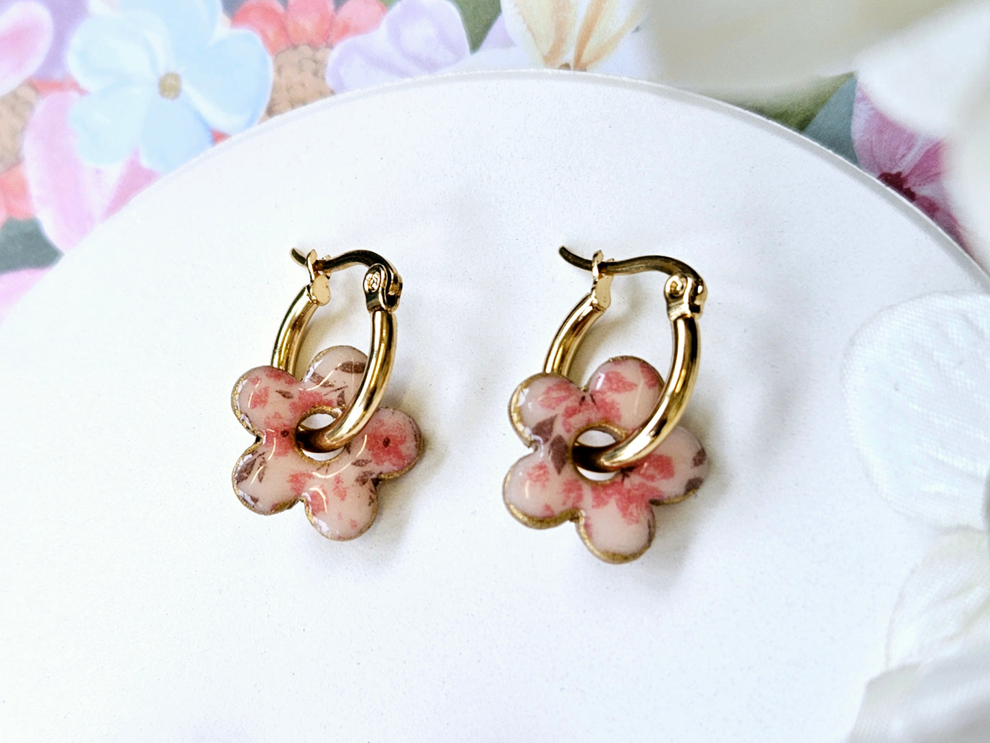 Gold Hoop Flower Print Earrings