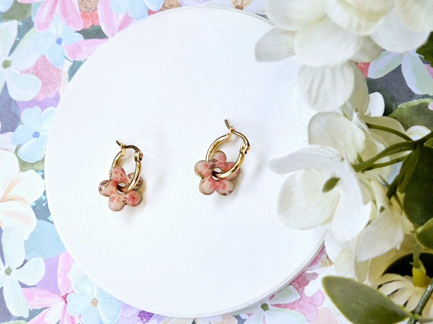 Gold Hoop Flower Print Earrings