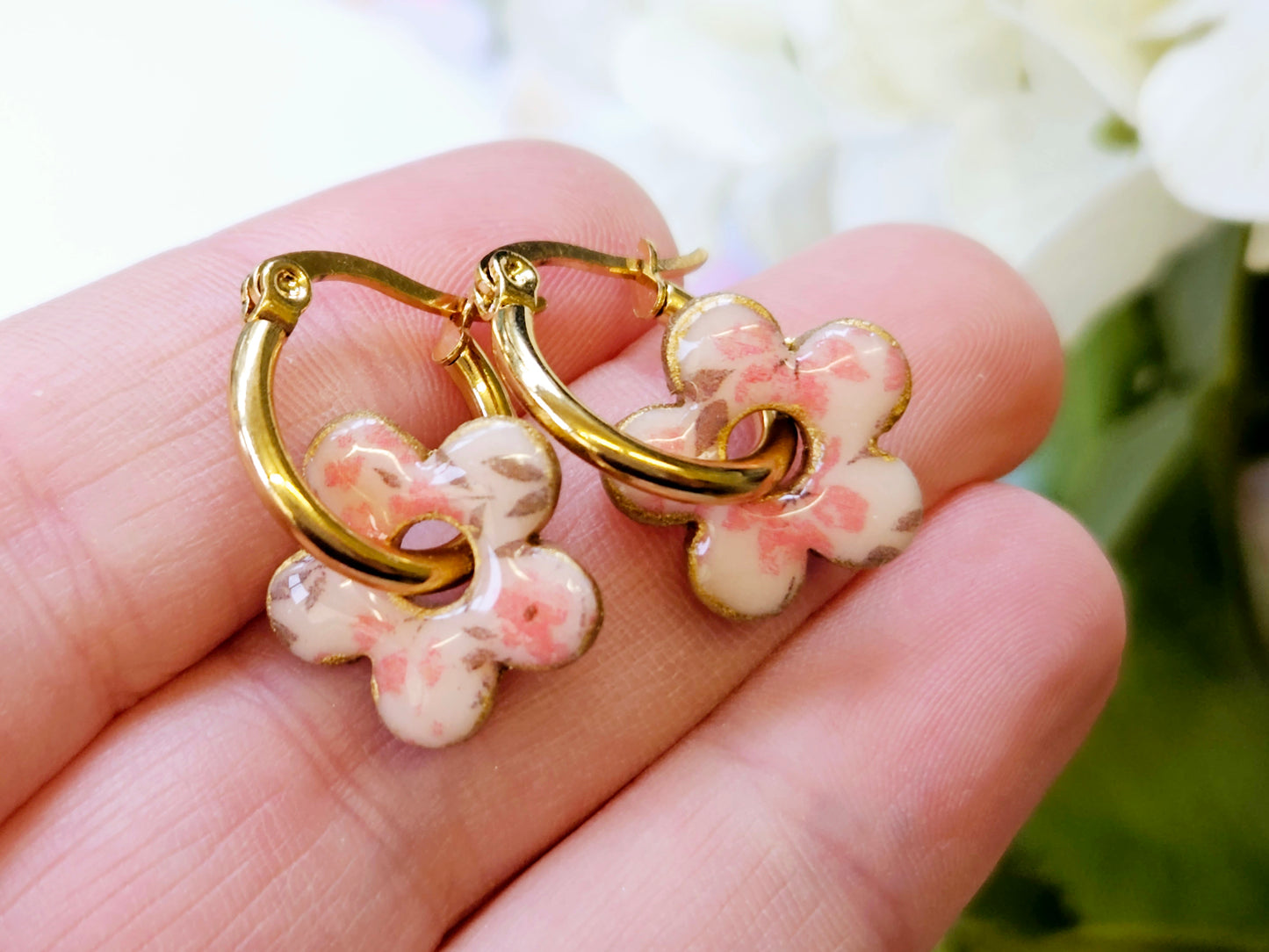 Gold Hoop Flower Print Earrings