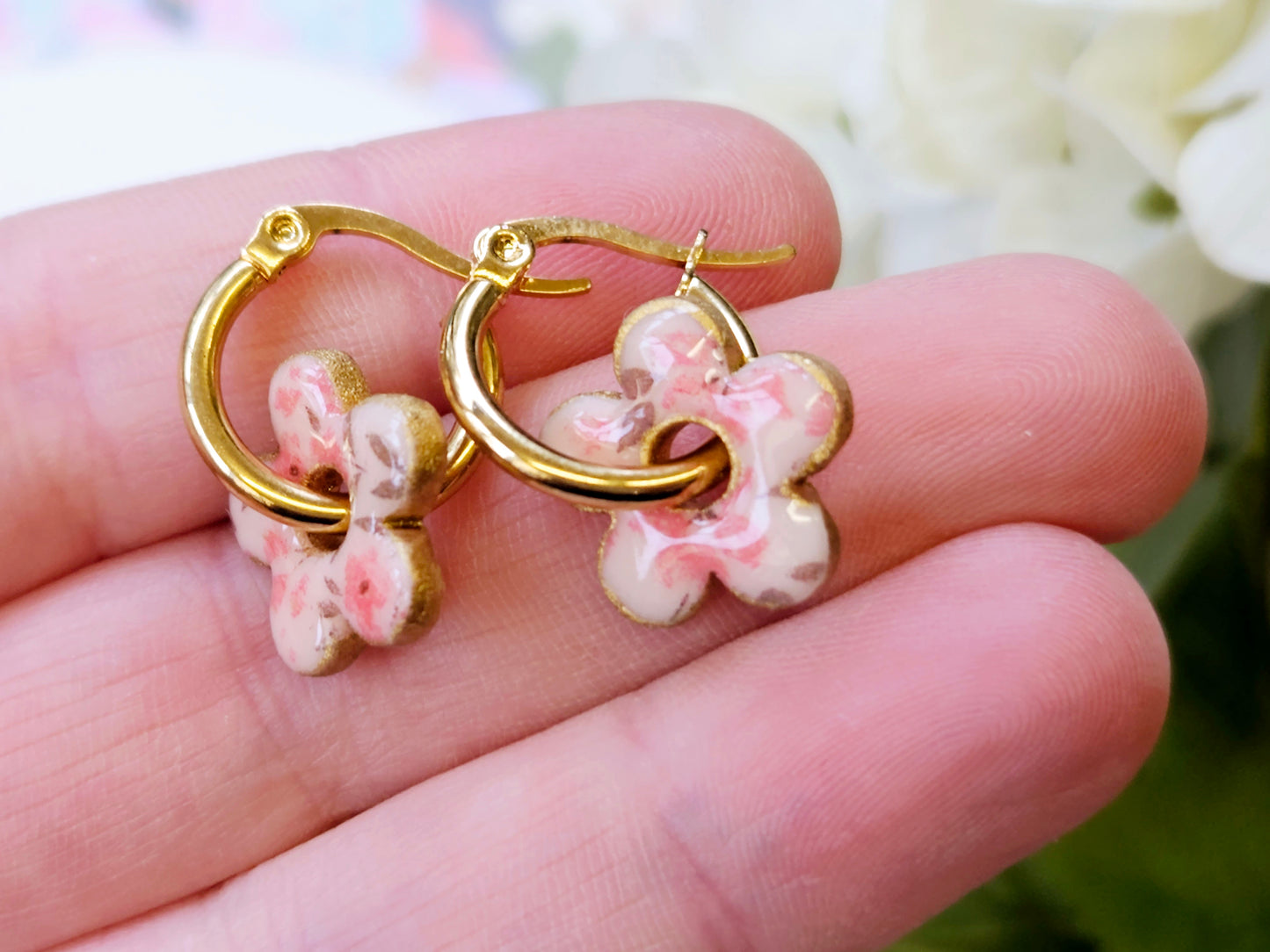 Gold Hoop Flower Print Earrings