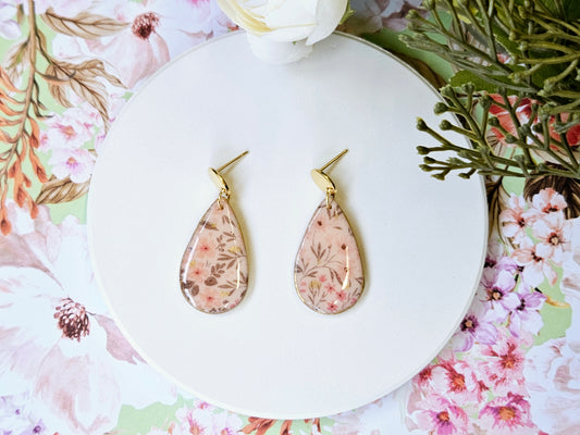 Gold Tear Drop Flower Print Earrings