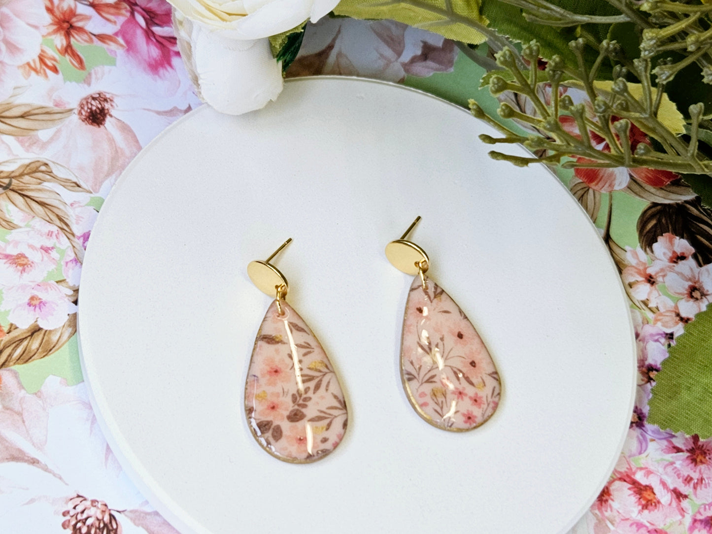 Gold Tear Drop Flower Print Earrings