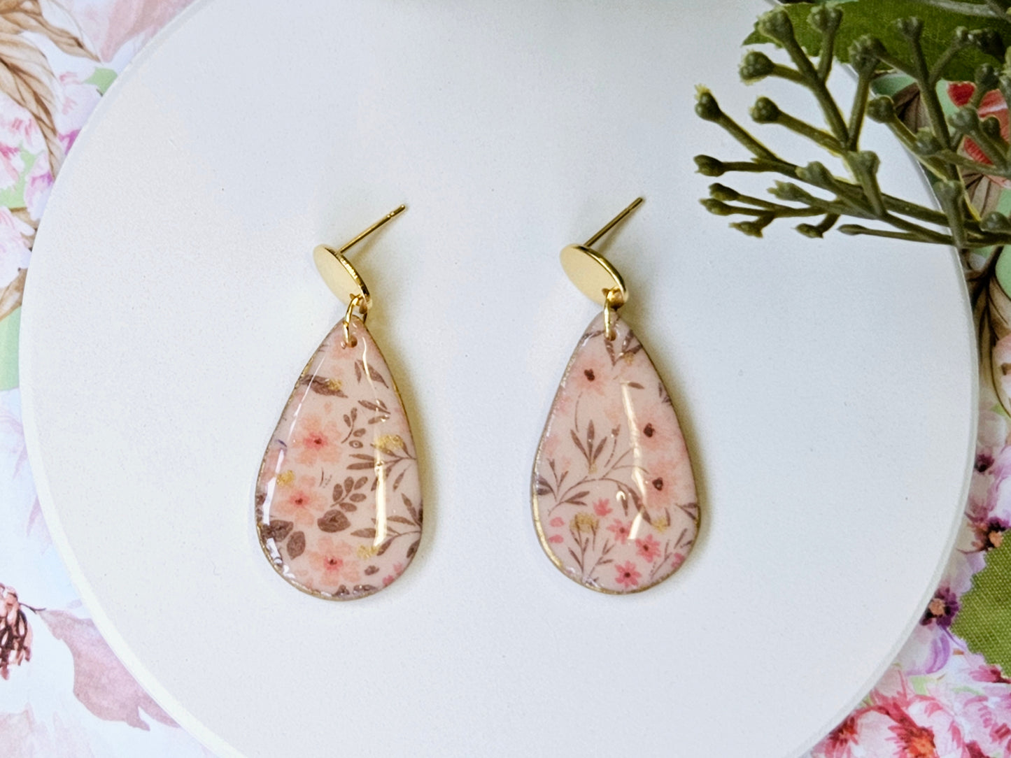 Gold Tear Drop Flower Print Earrings