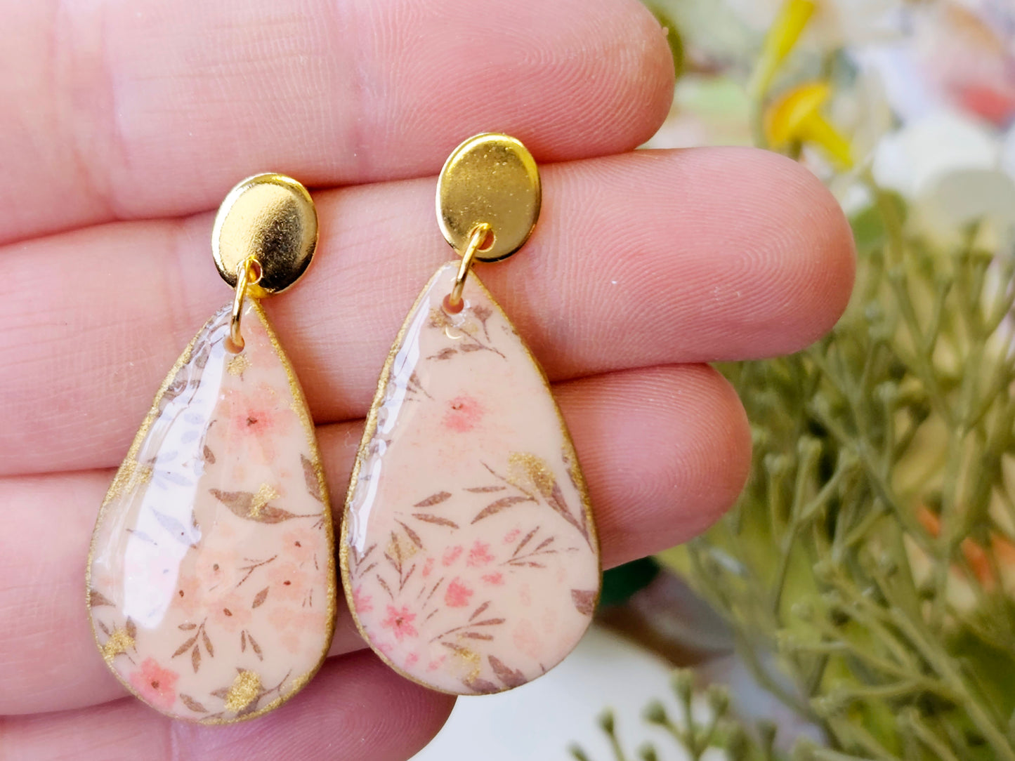 Gold Tear Drop Flower Print Earrings