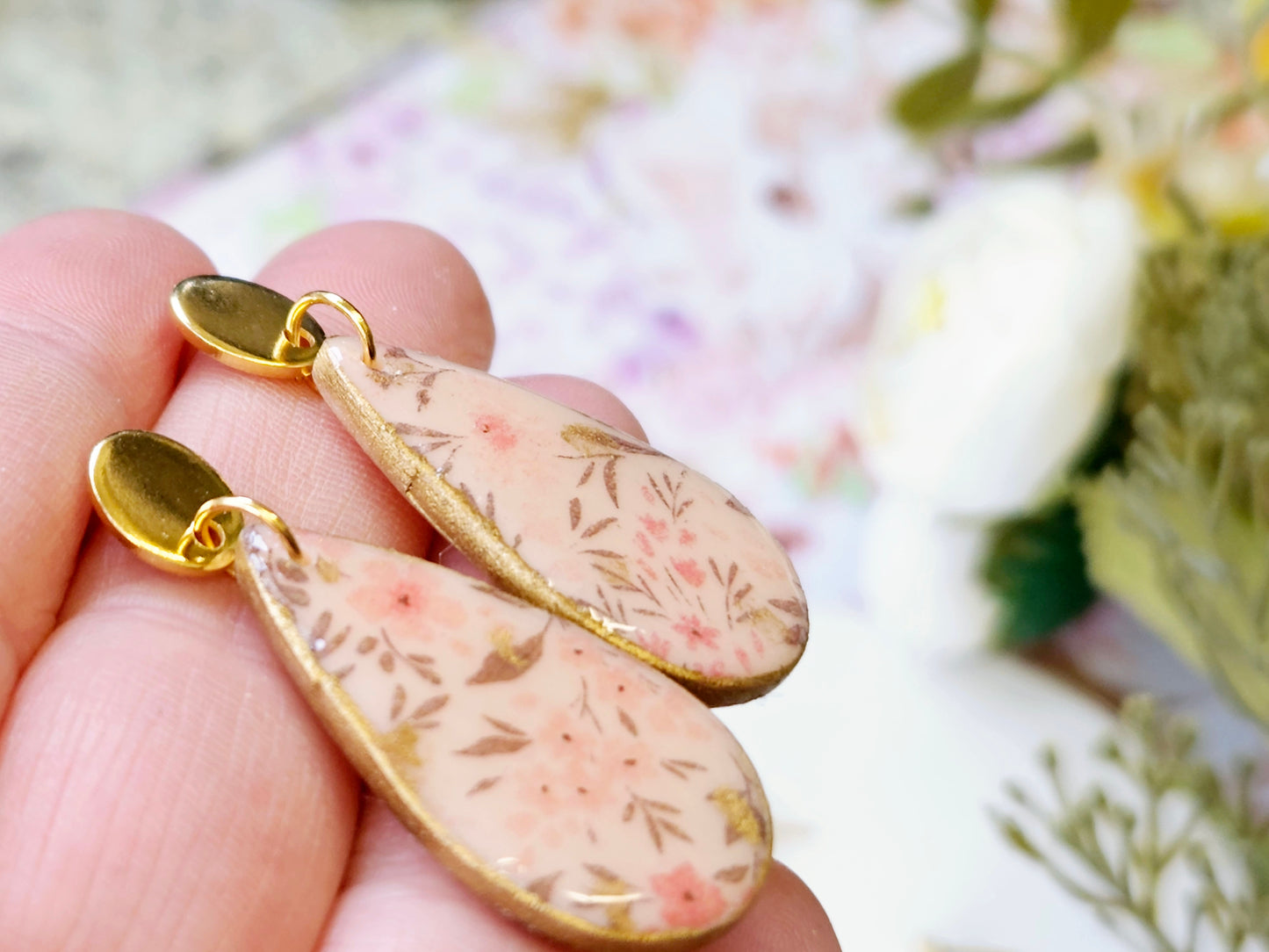 Gold Tear Drop Flower Print Earrings