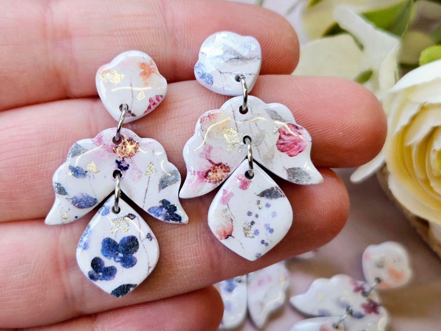 Watercolour Floral Print Dangle Earrings