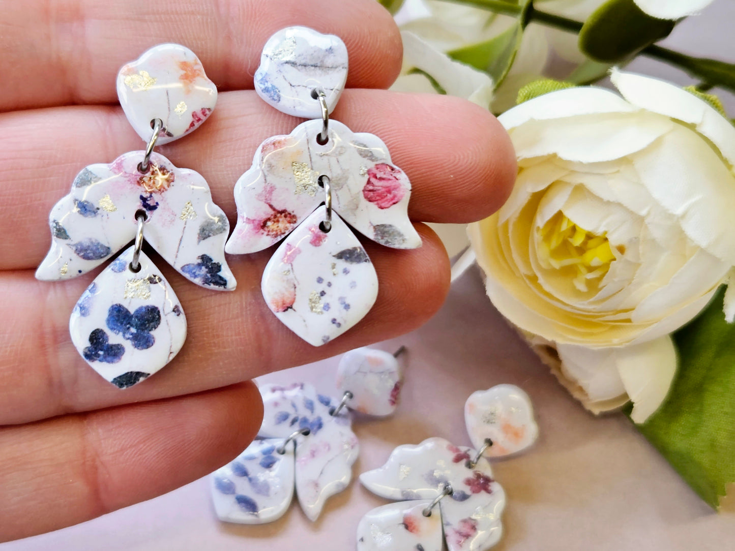 Watercolour Floral Print Dangle Earrings