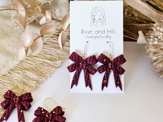 Knitted Clay Bow Hook Earrings