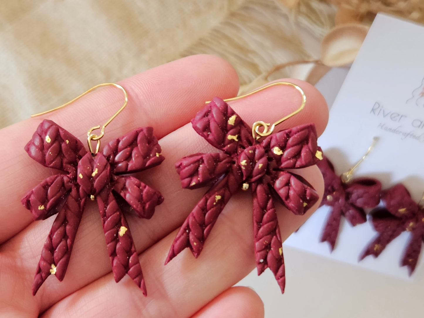 Knitted Clay Bow Hook Earrings