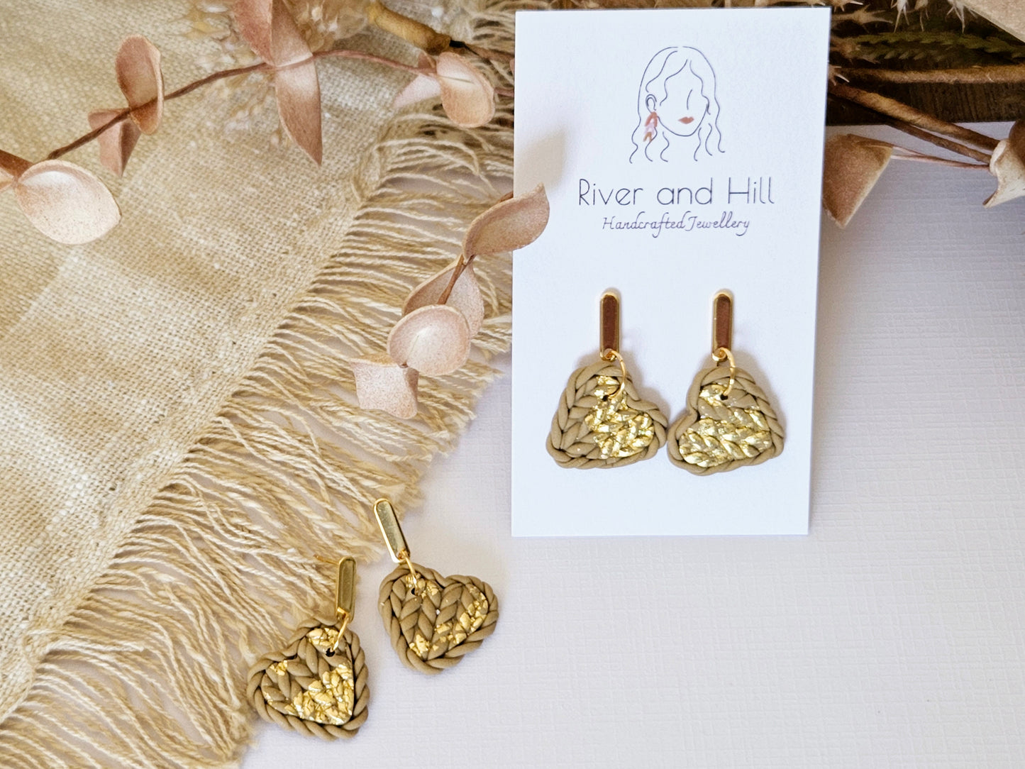 Knitted Clay Hearts Latte Earrings