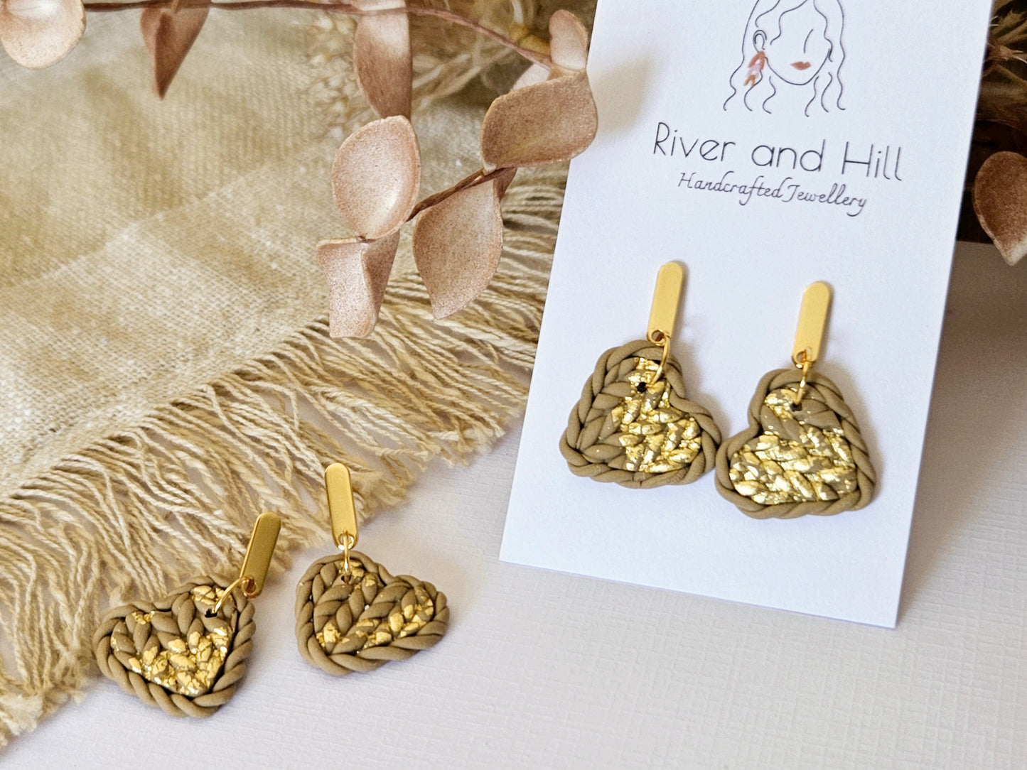 Knitted Clay Hearts Latte Earrings