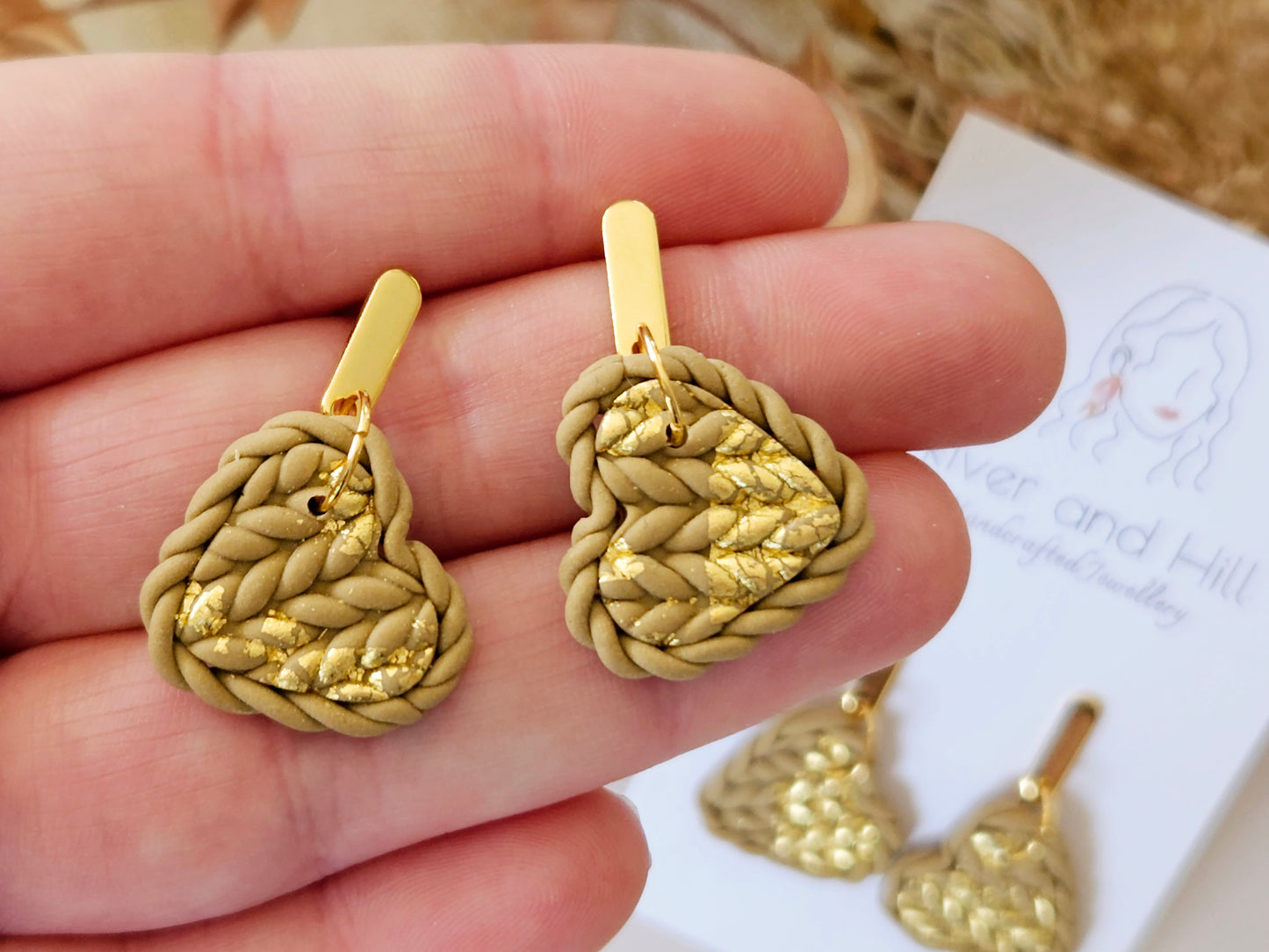 Knitted Clay Hearts Latte Earrings