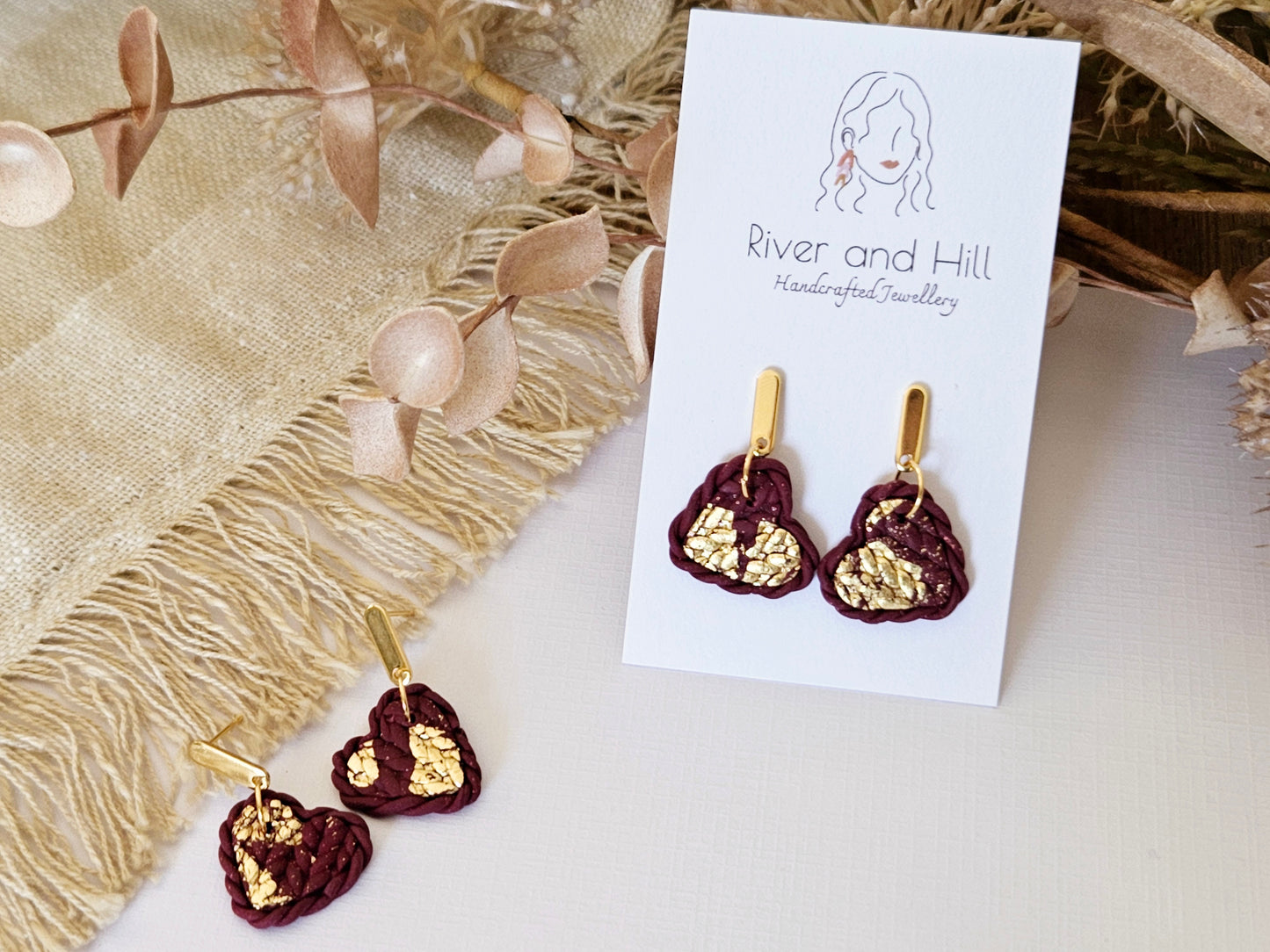 Knitted Clay Hearts Deep Red Earrings