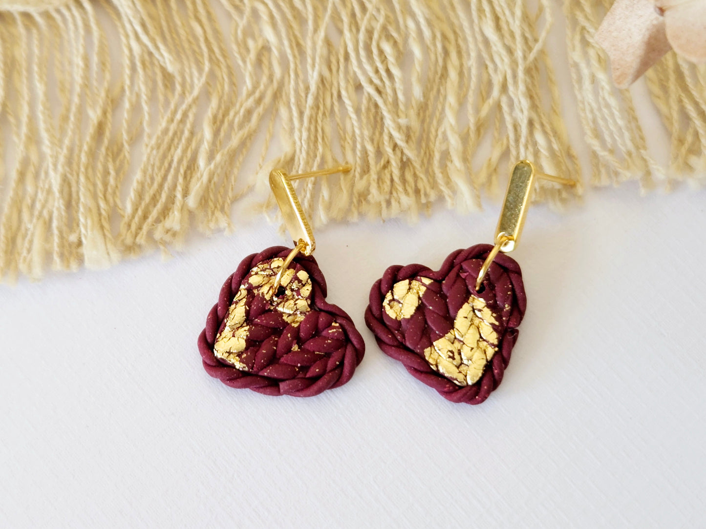 Knitted Clay Hearts Deep Red Earrings