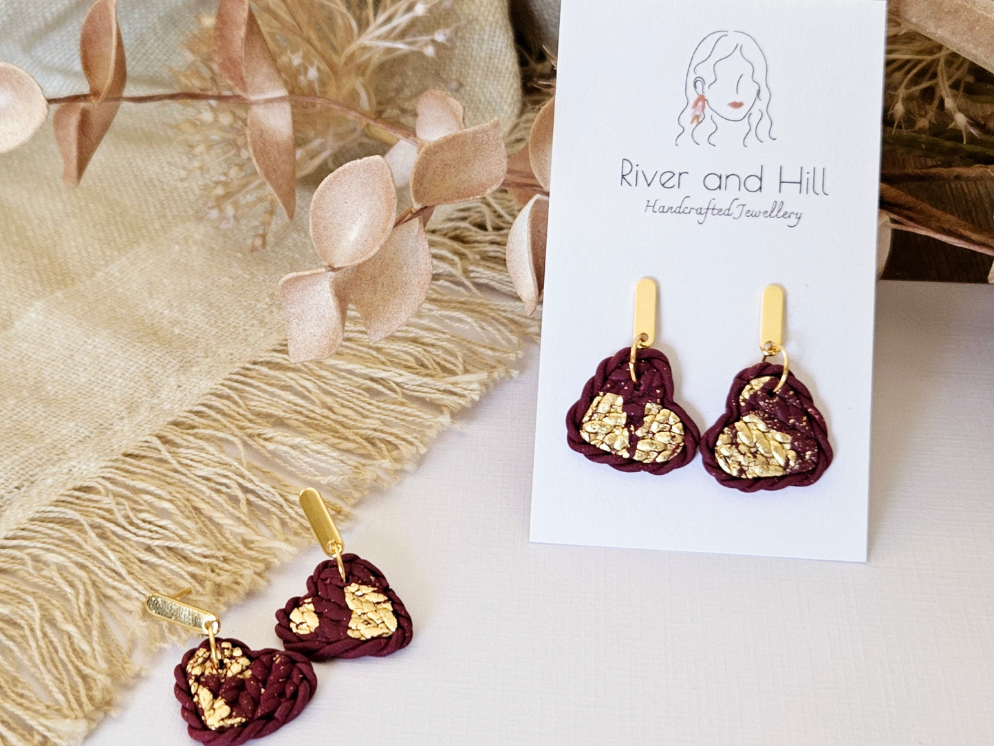 Knitted Clay Hearts Deep Red Earrings