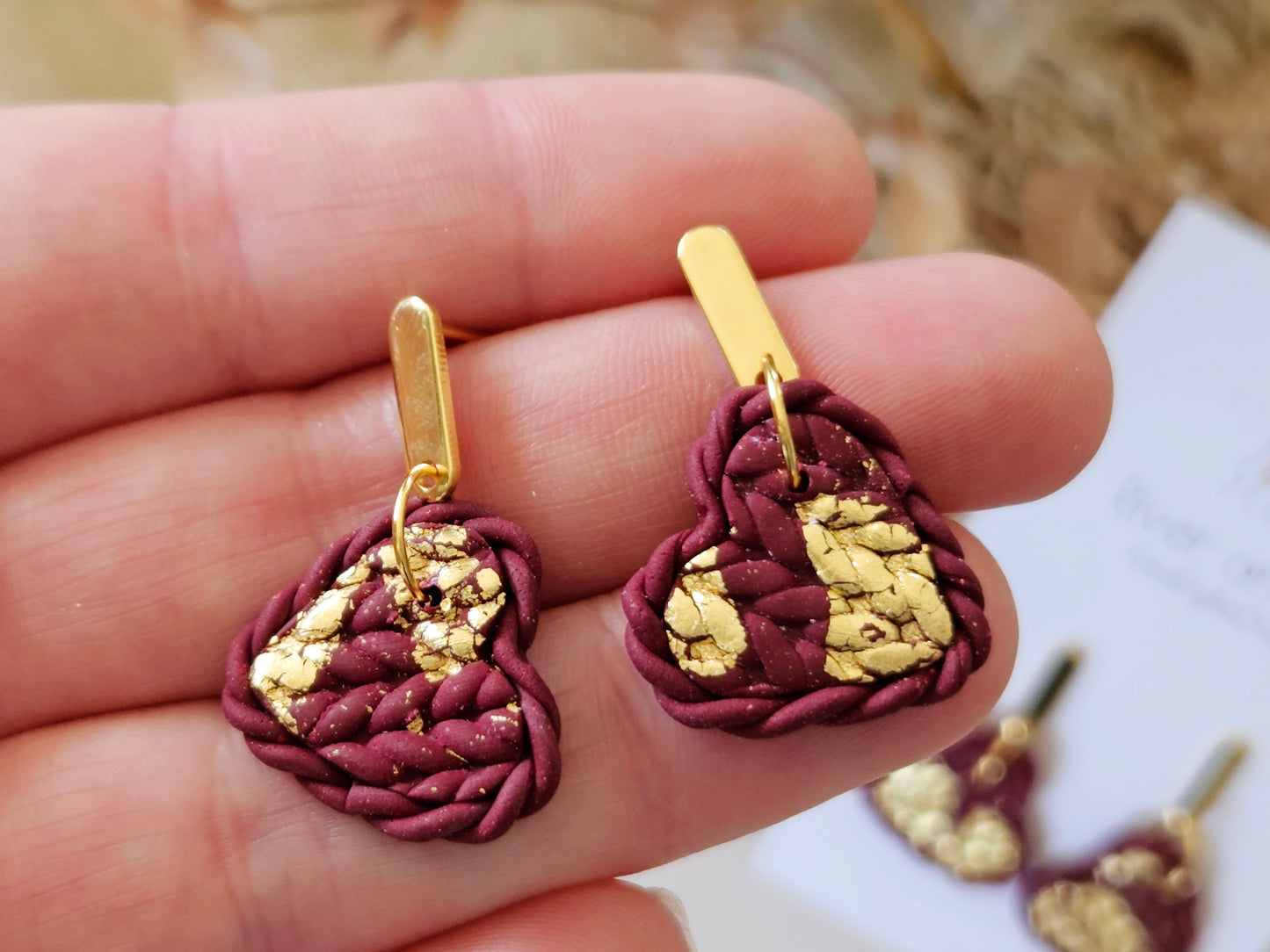 Knitted Clay Hearts Deep Red Earrings