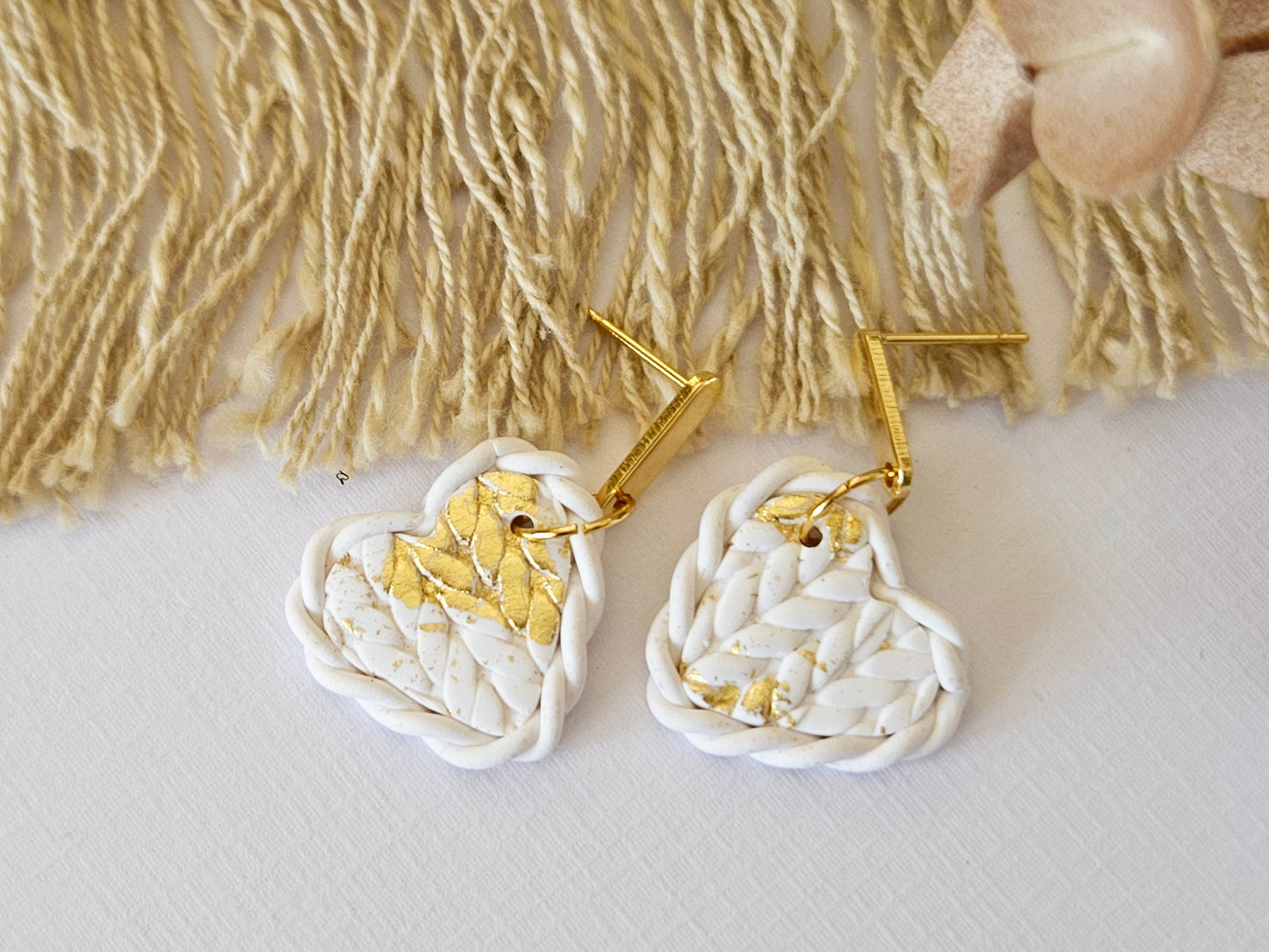 Knitted Clay Hearts White Earrings