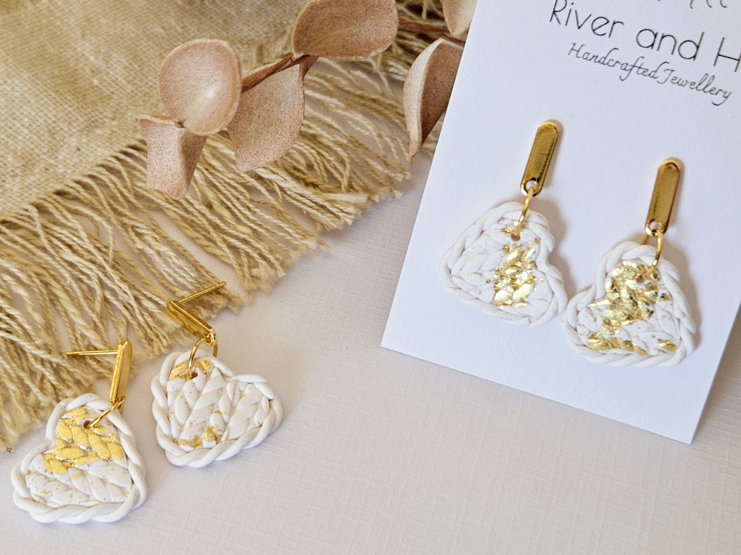 Knitted Clay Hearts White Earrings