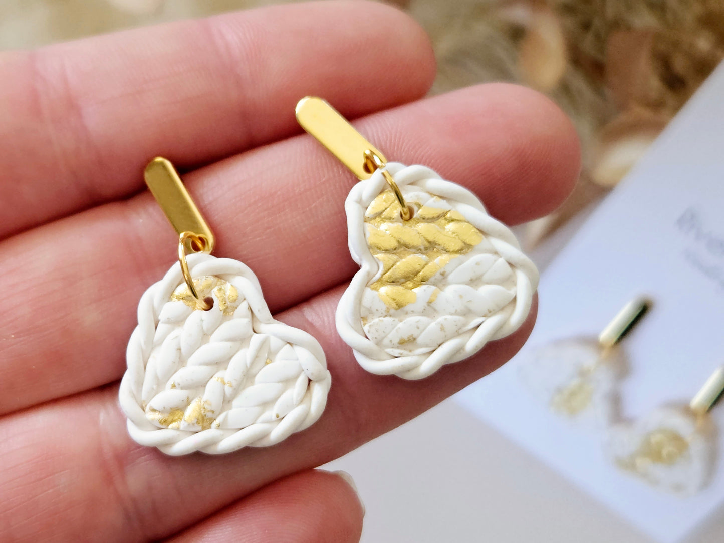 Knitted Clay Hearts White Earrings