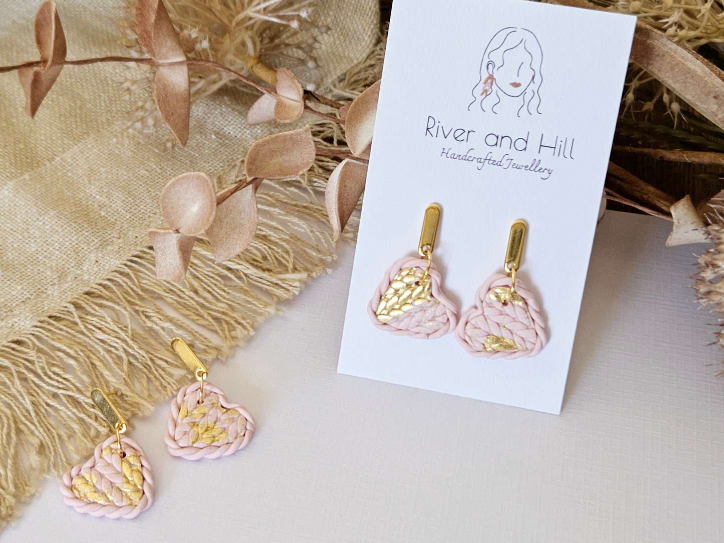 Knitted Clay Hearts Pink Earrings