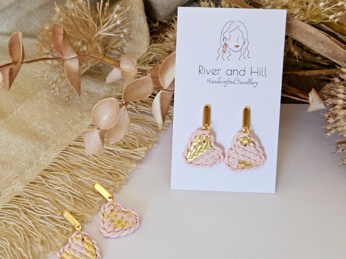 Knitted Clay Hearts Pink Earrings