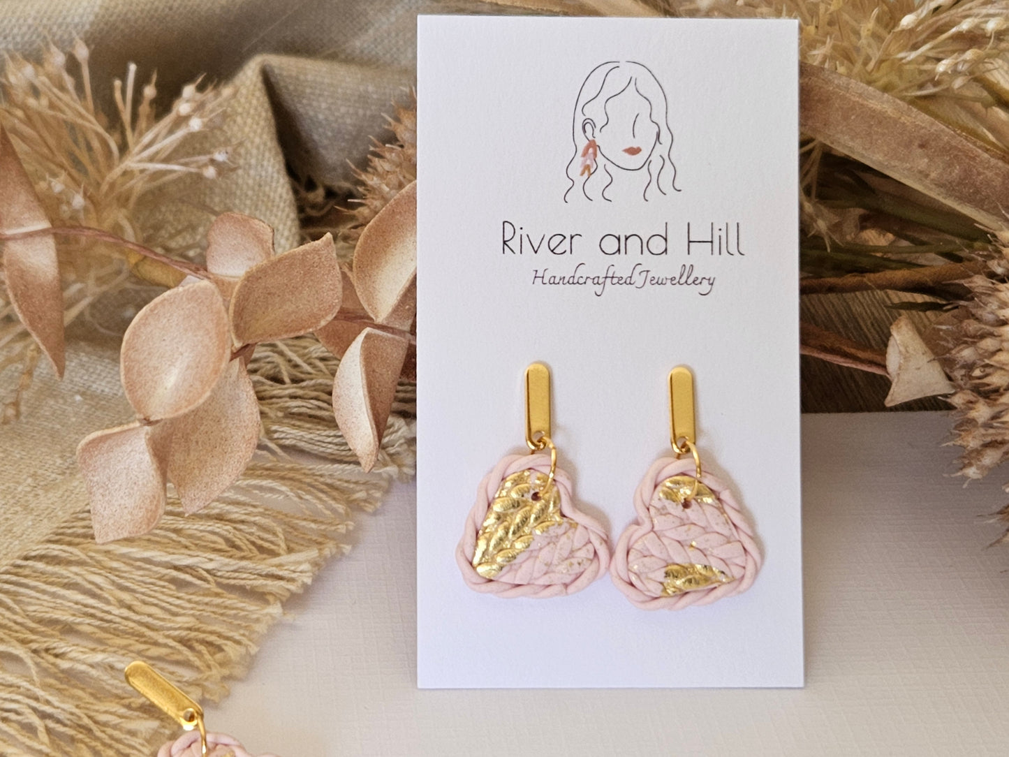 Knitted Clay Hearts Pink Earrings