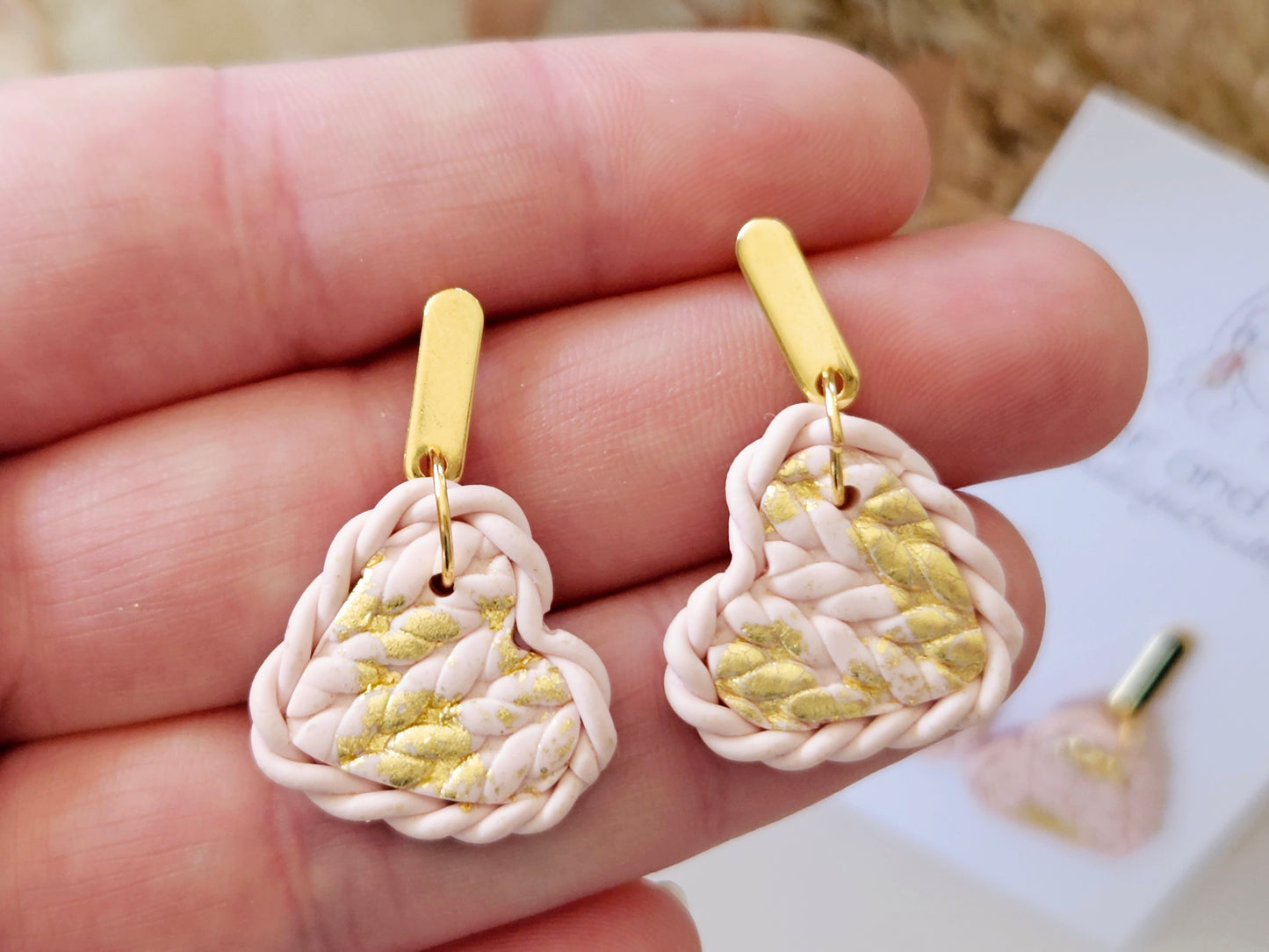 Knitted Clay Hearts Pink Earrings