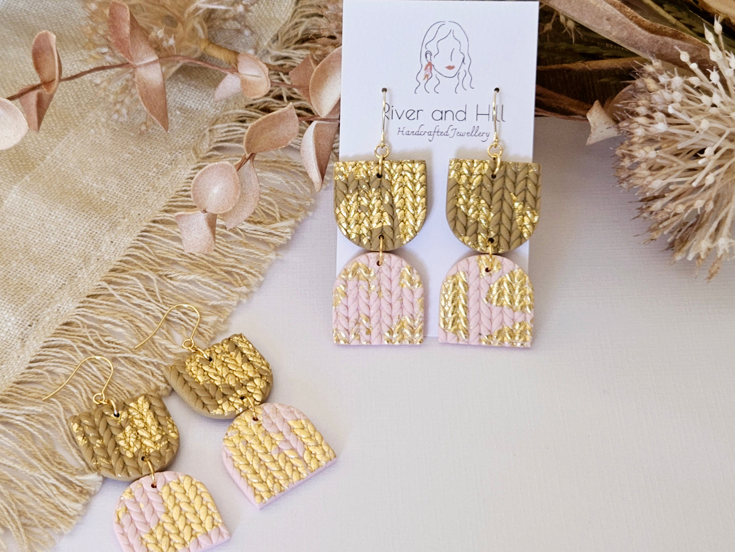 Knitted Clay Statement Earrings Pink