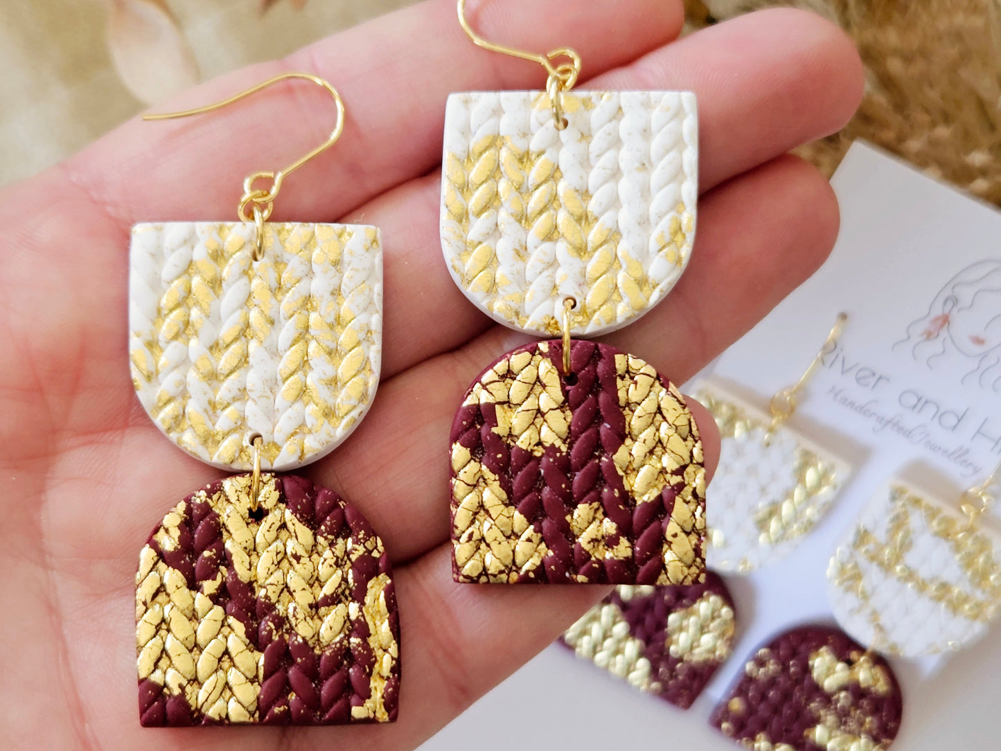 Knitted Clay Statement Earrings Deep Red