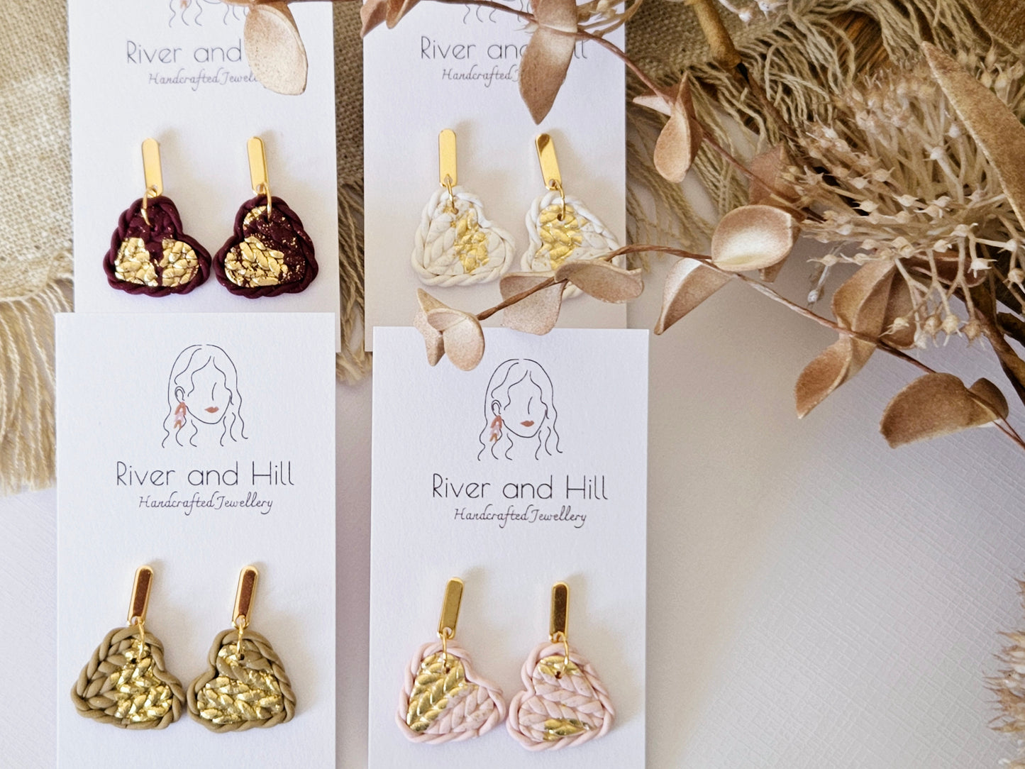 Knitted Clay Hearts White Earrings