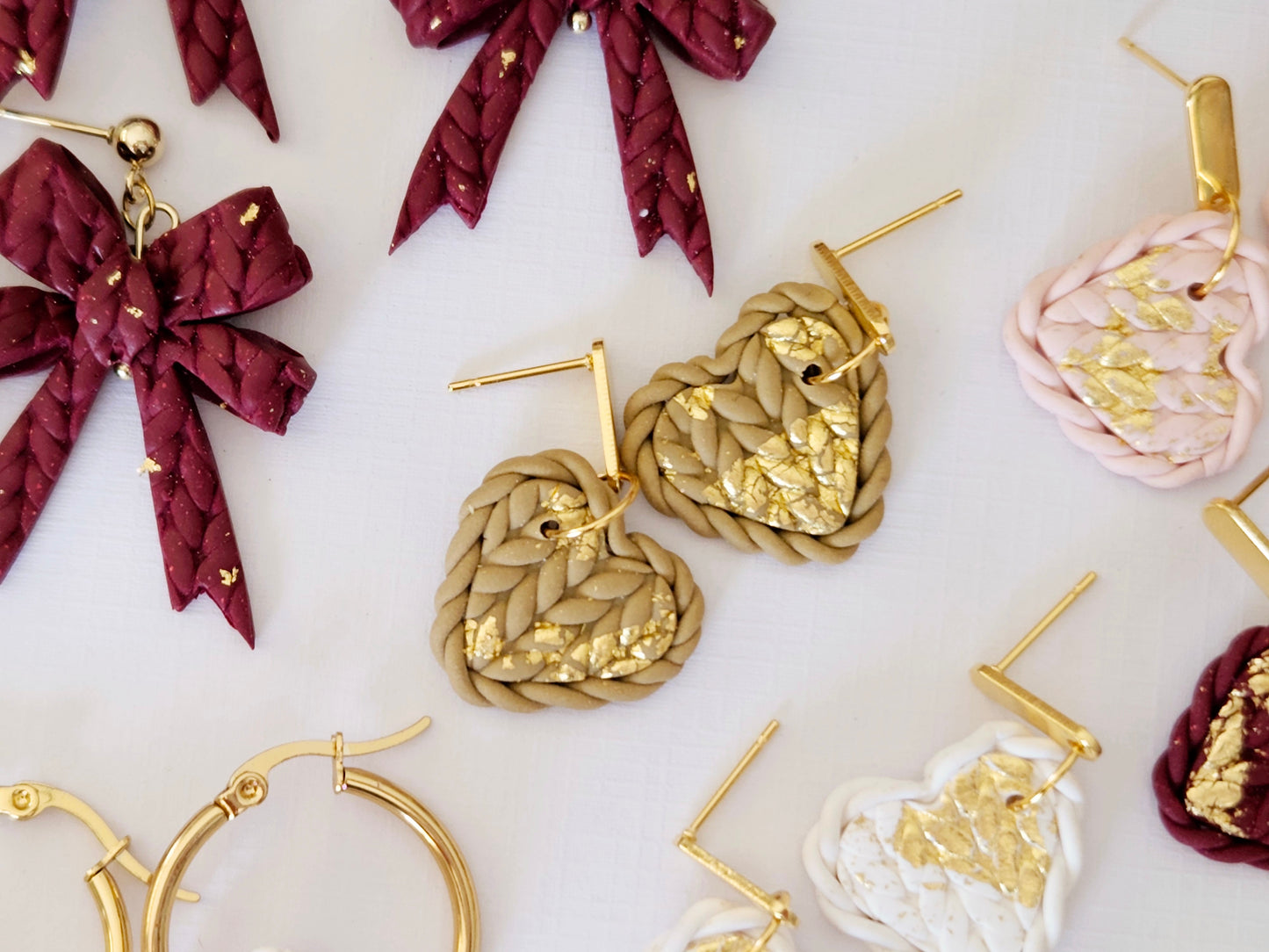 Knitted Clay Hearts Latte Earrings