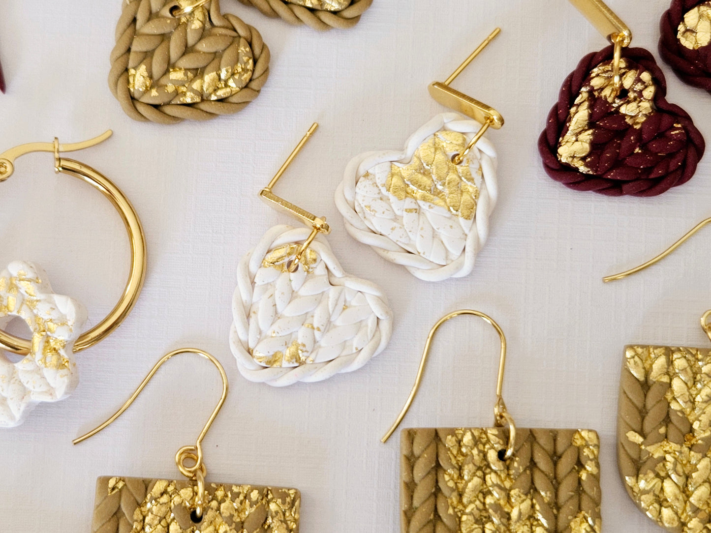 Knitted Clay Hearts White Earrings