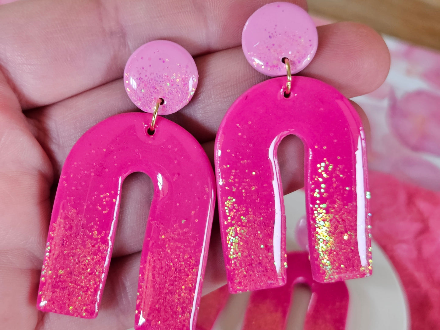 Pink Sparkle Statement Arch Earrings