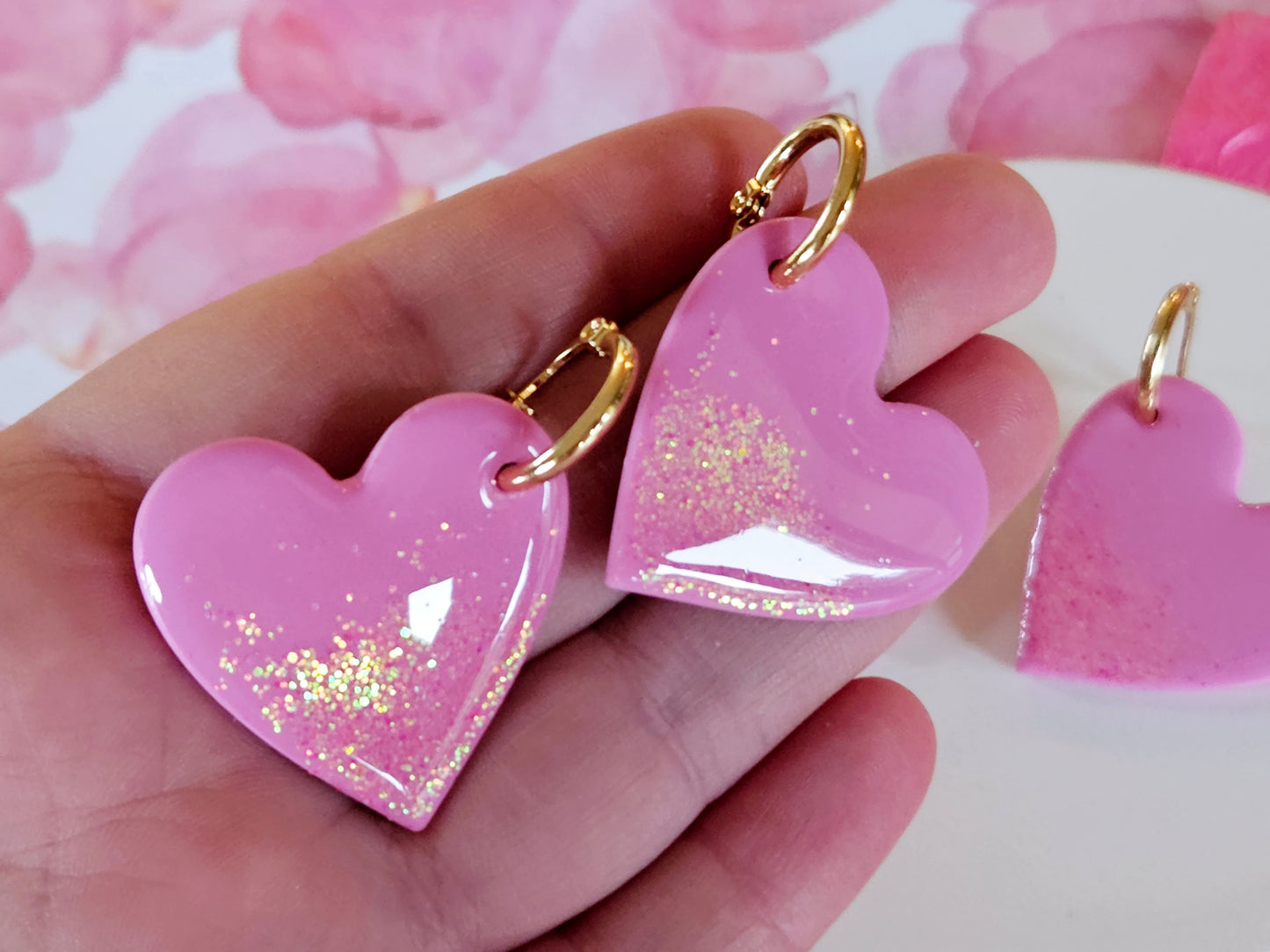 Pink Sparkle Statement Heart Hoops