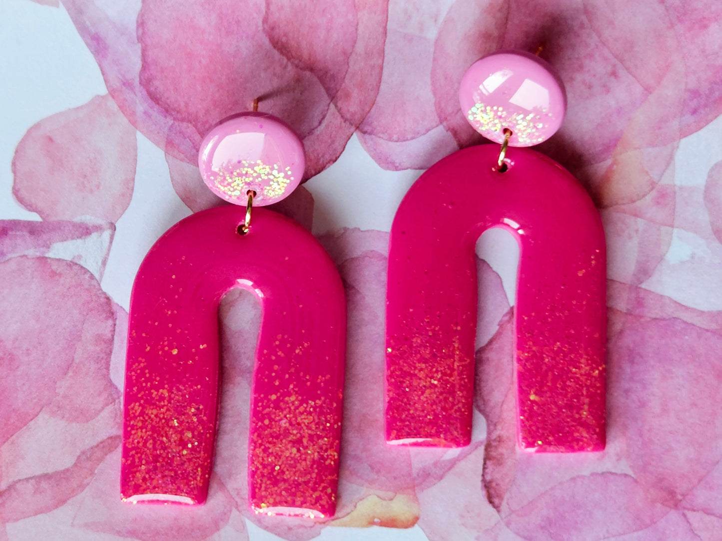 Pink Sparkle Statement Arch Earrings