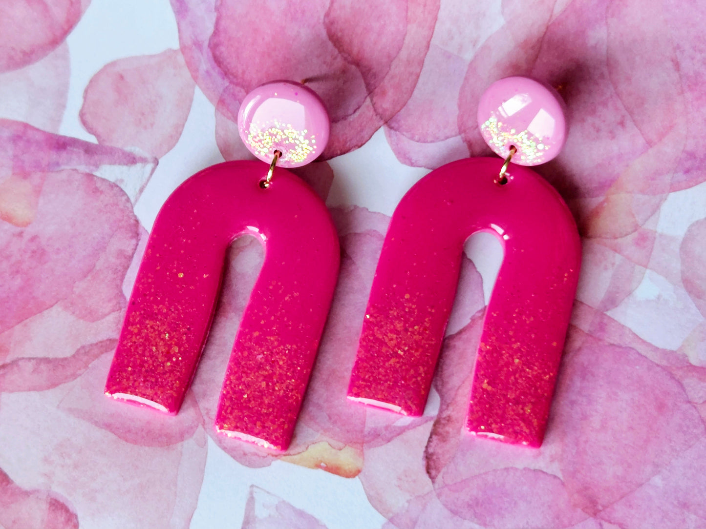 Pink Sparkle Statement Arch Earrings