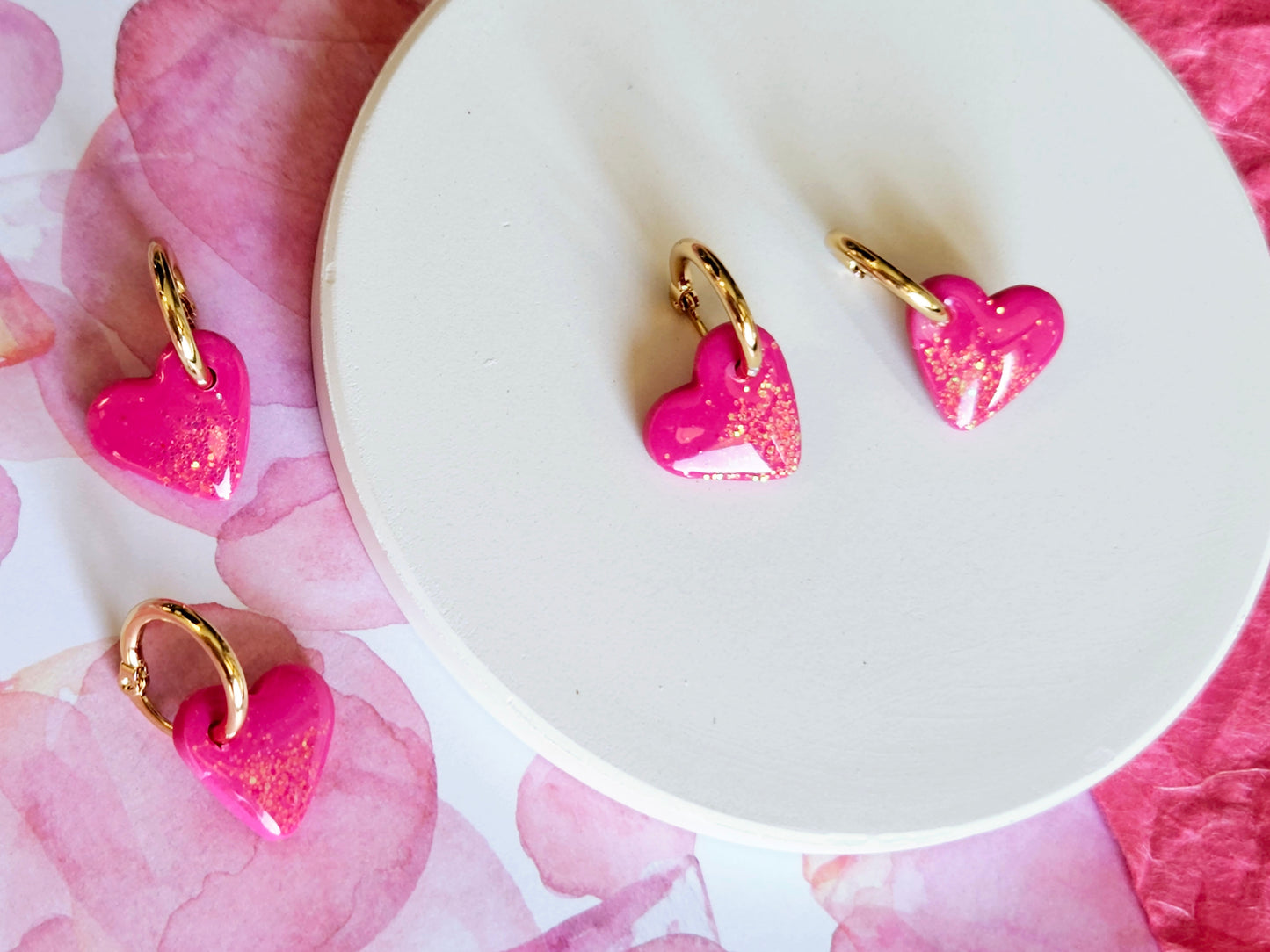 Pink Sparkle Small Heart Hoops