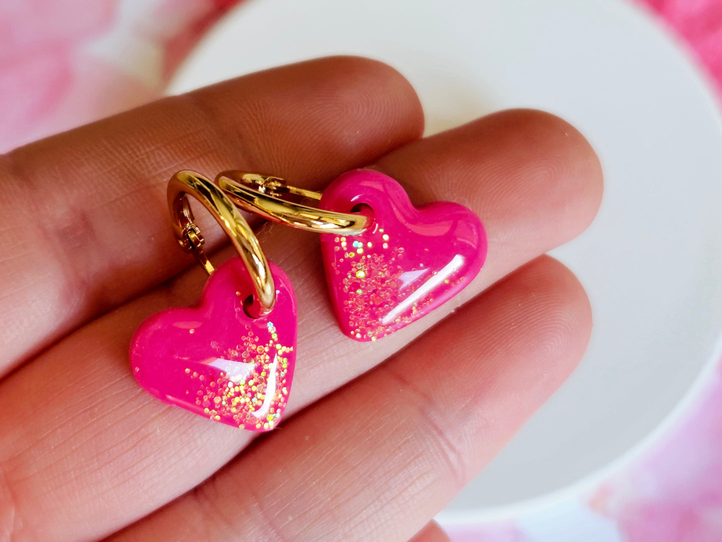 Pink Sparkle Small Heart Hoops