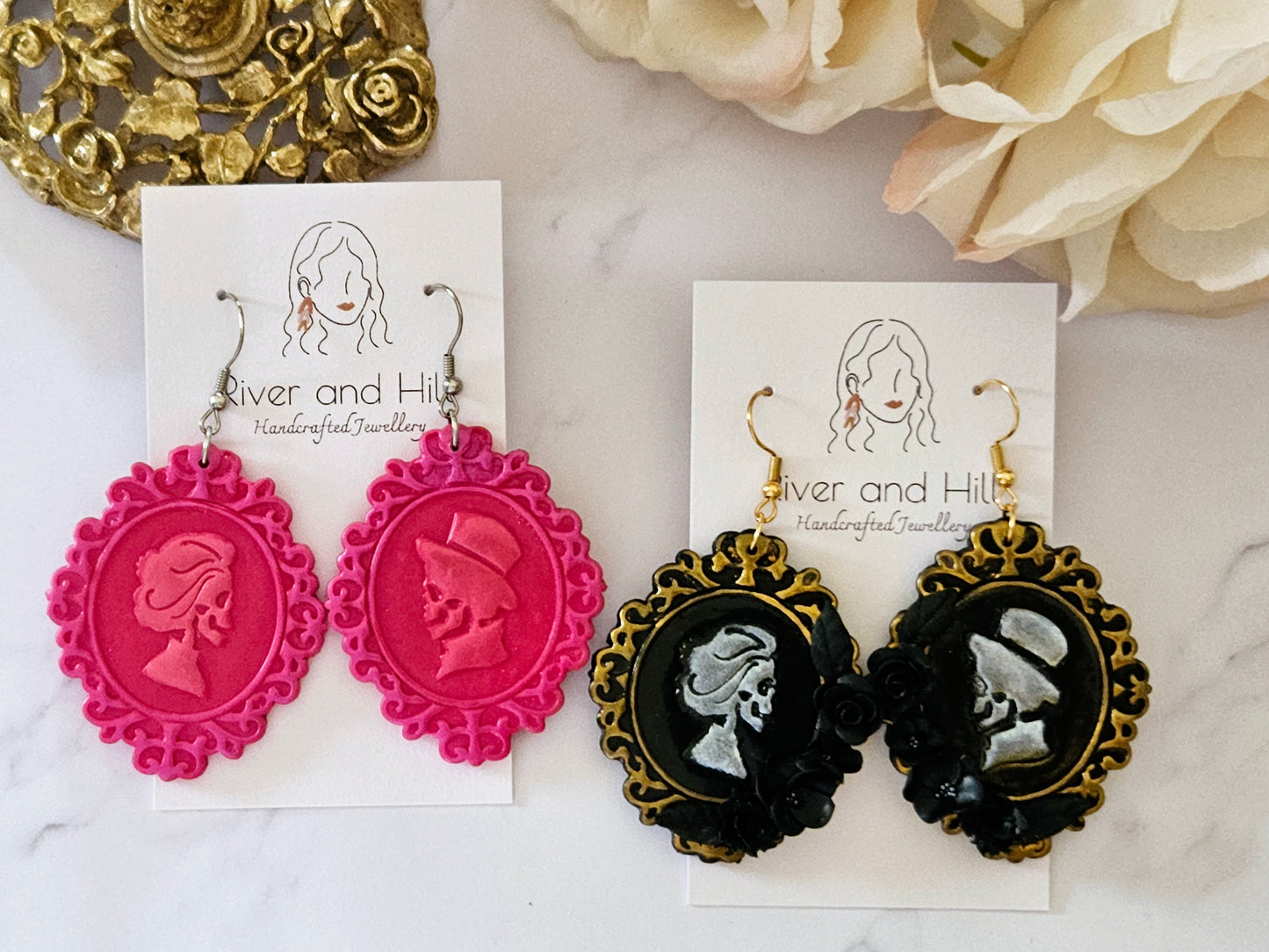 Haunted Halloween Pink Cameo Earrings