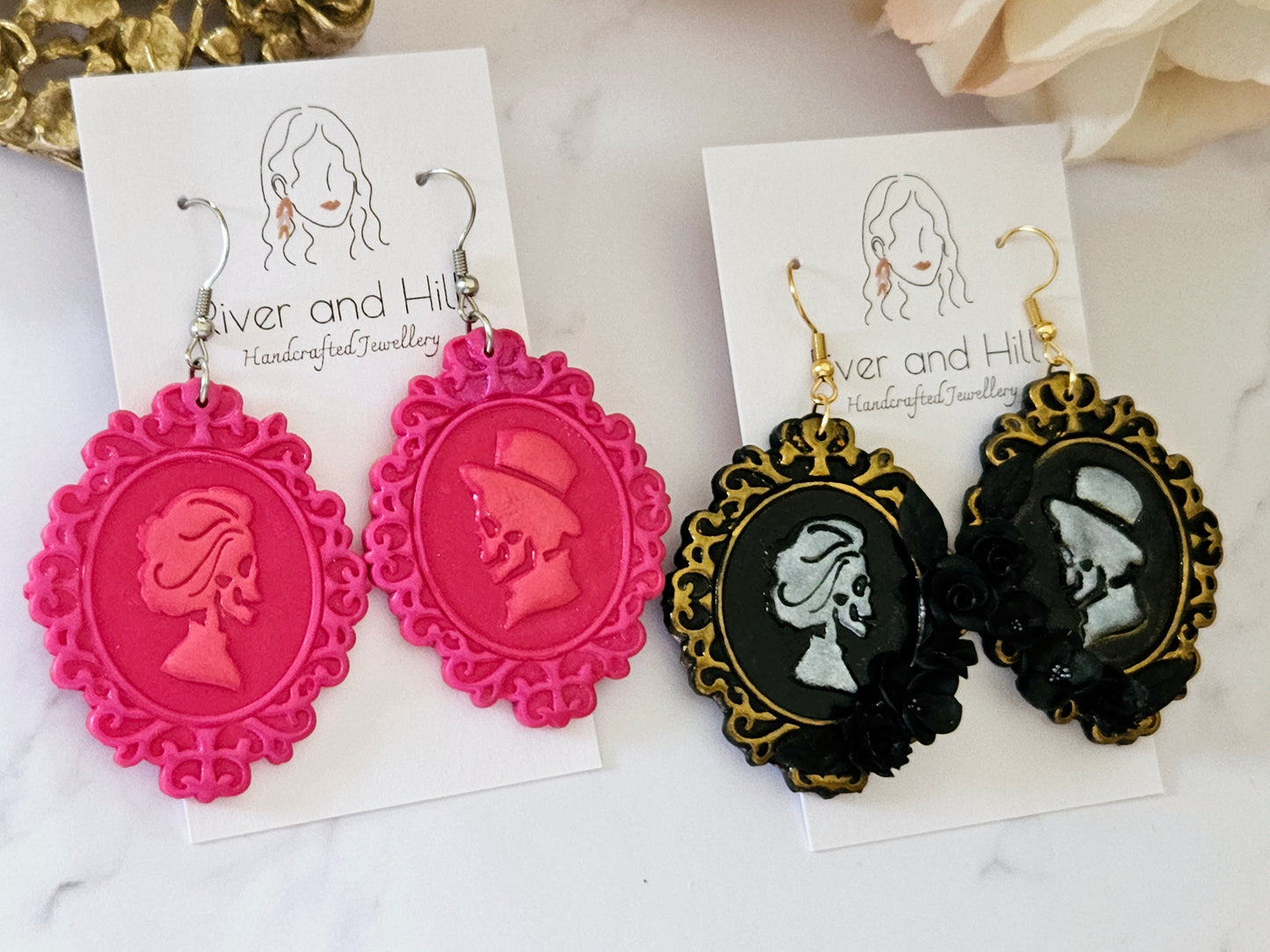 Haunted Halloween Pink Cameo Earrings