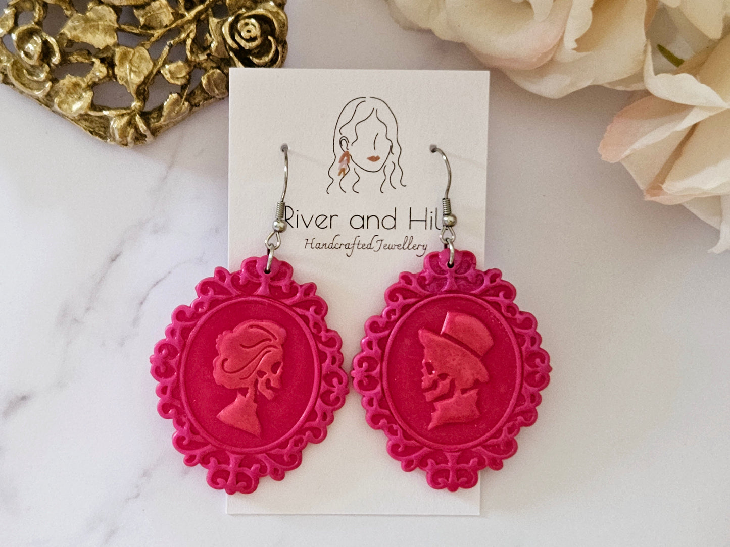 Haunted Halloween Pink Cameo Earrings