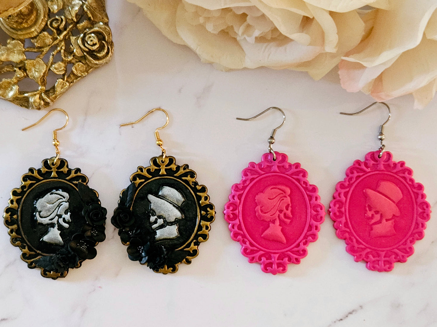 Haunted Halloween Pink Cameo Earrings