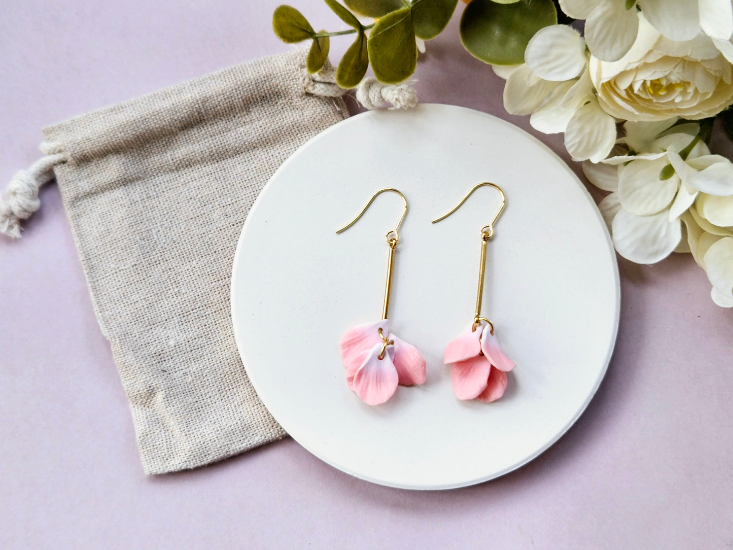 Petal Drop Gold Earrings Pink