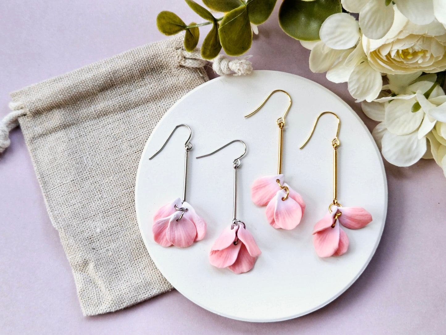 Petal Drop Gold Earrings Pink