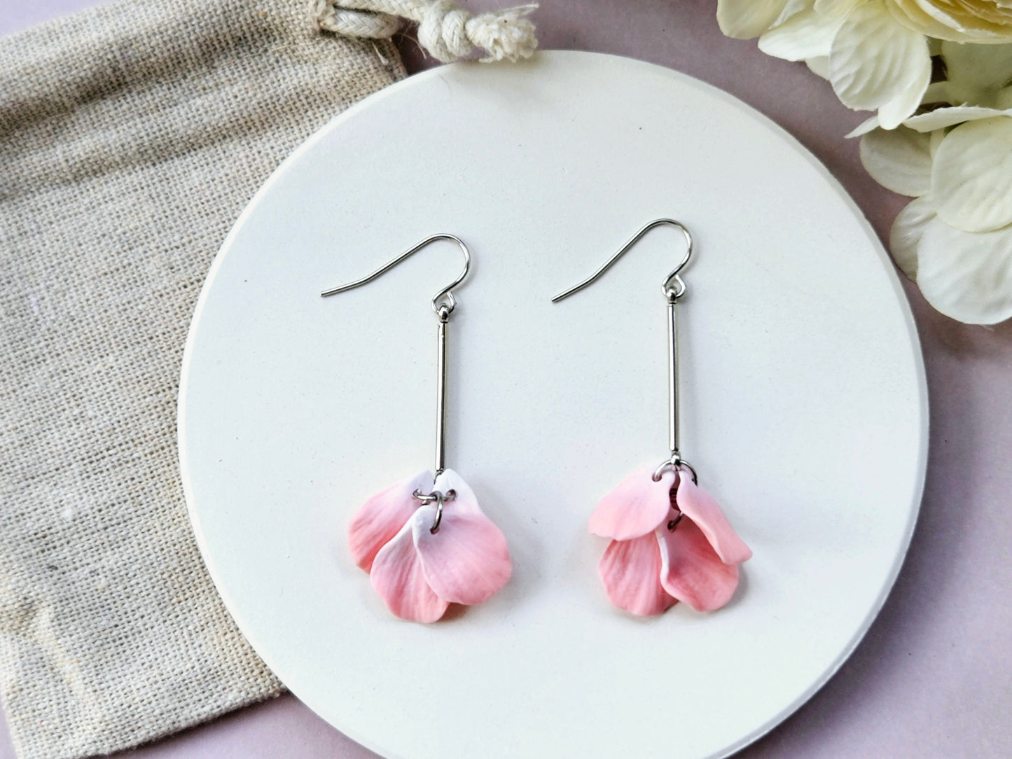 Petal Drop Silver Earrings Pink