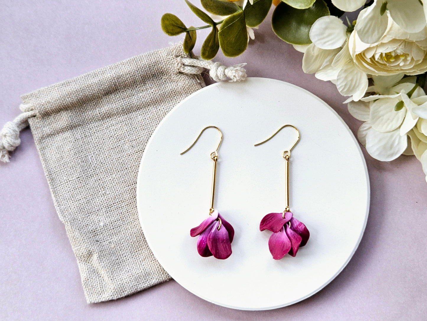 Petal Drop Gold Earrings Purple