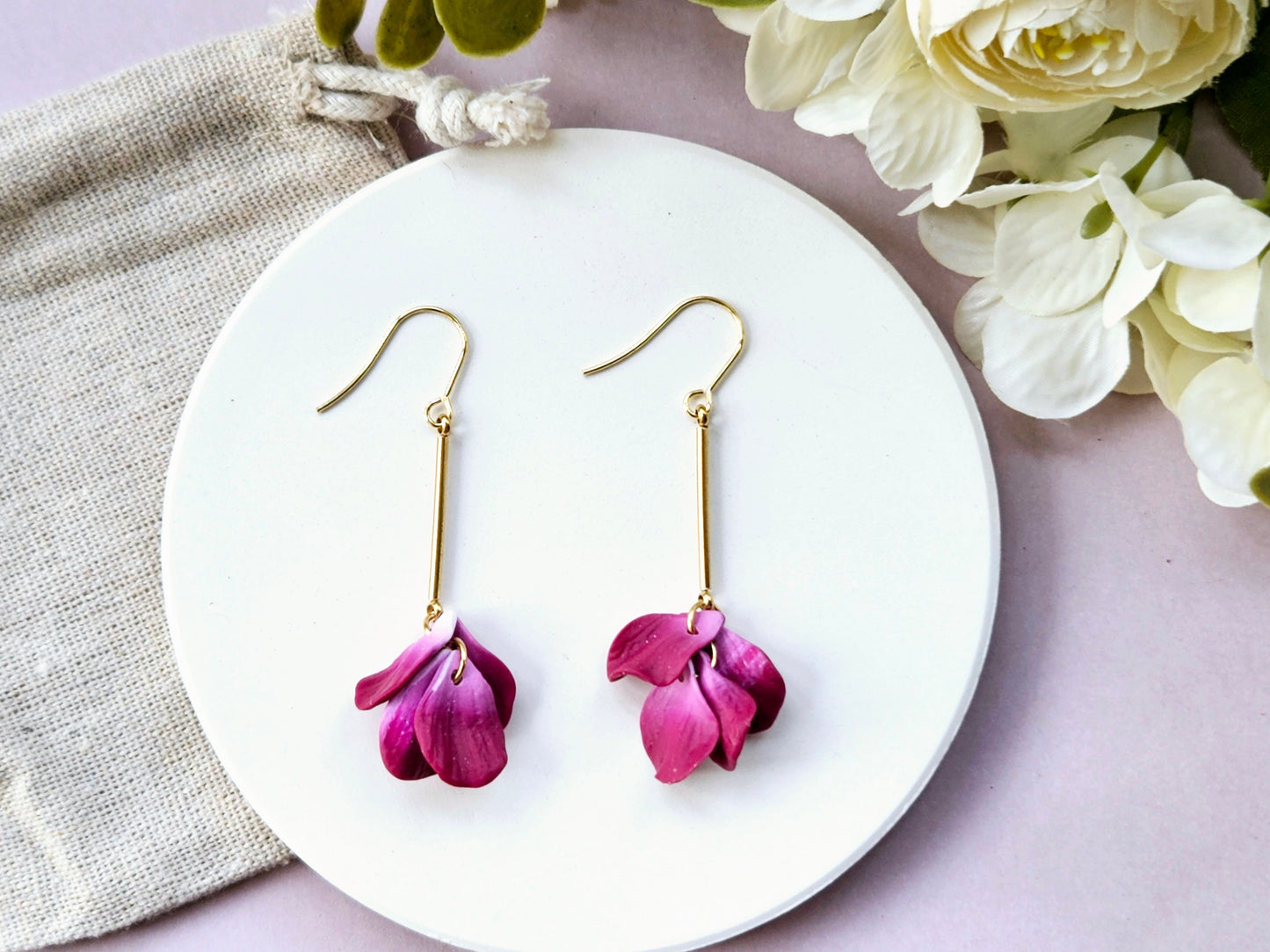 Petal Drop Gold Earrings Purple