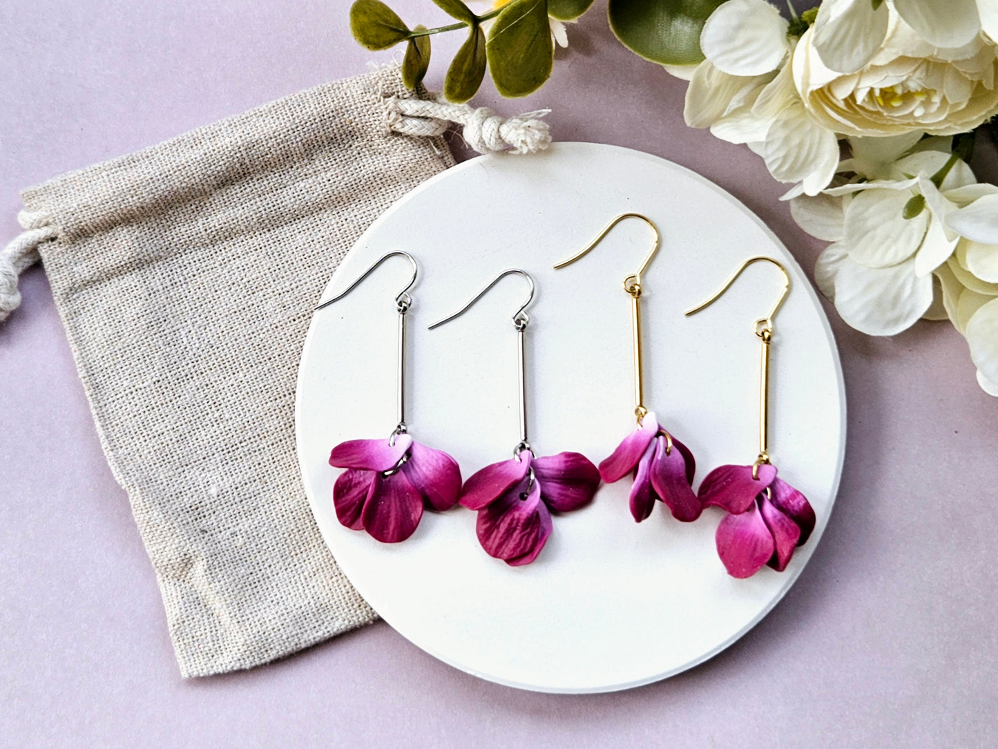 Petal Drop Silver Earrings Purple