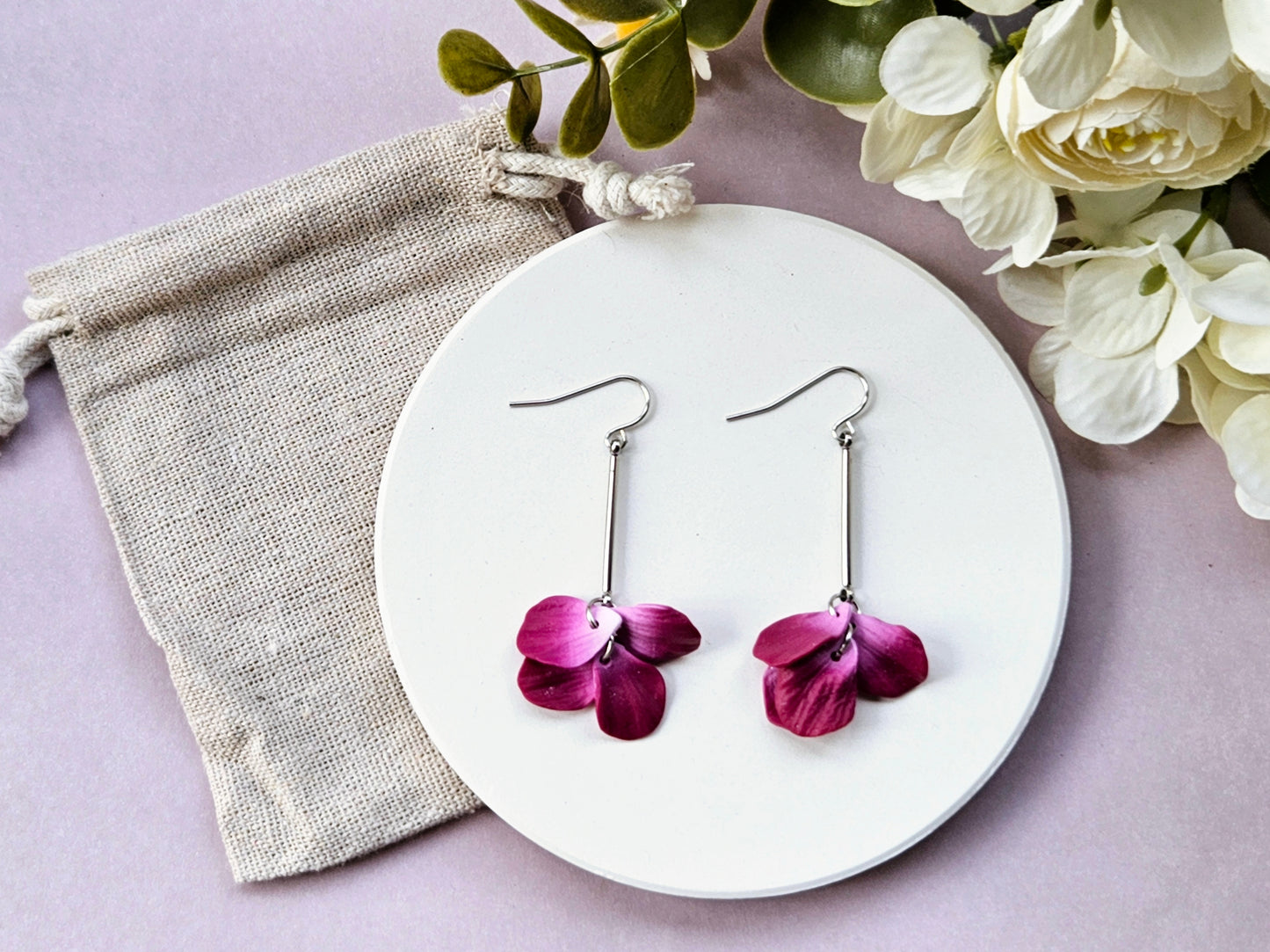 Petal Drop Silver Earrings Purple